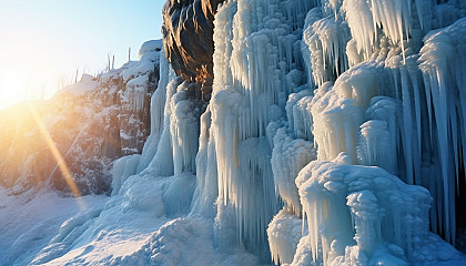 A cluster of icicles hanging from a snowy cliff.