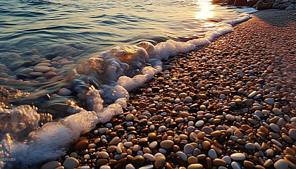 Gentle waves lapping the shore of a pebbled beach.