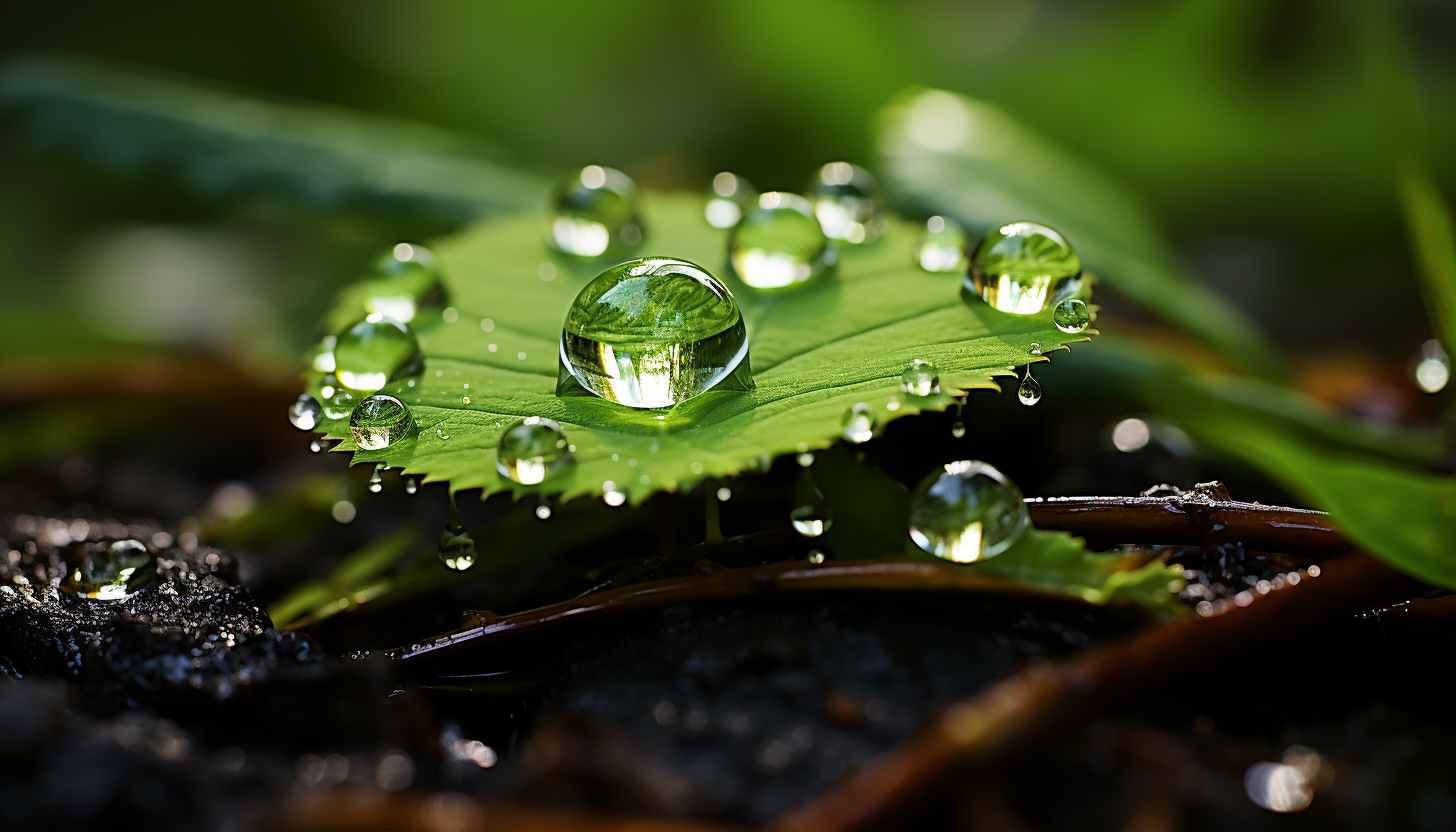 Extreme close-up of a dew drop on a leaf, reflecting the world upside down.