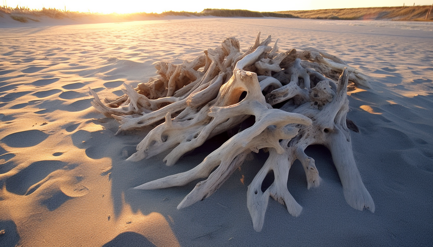 Sun-bleached driftwood scattered on a sandy beach.