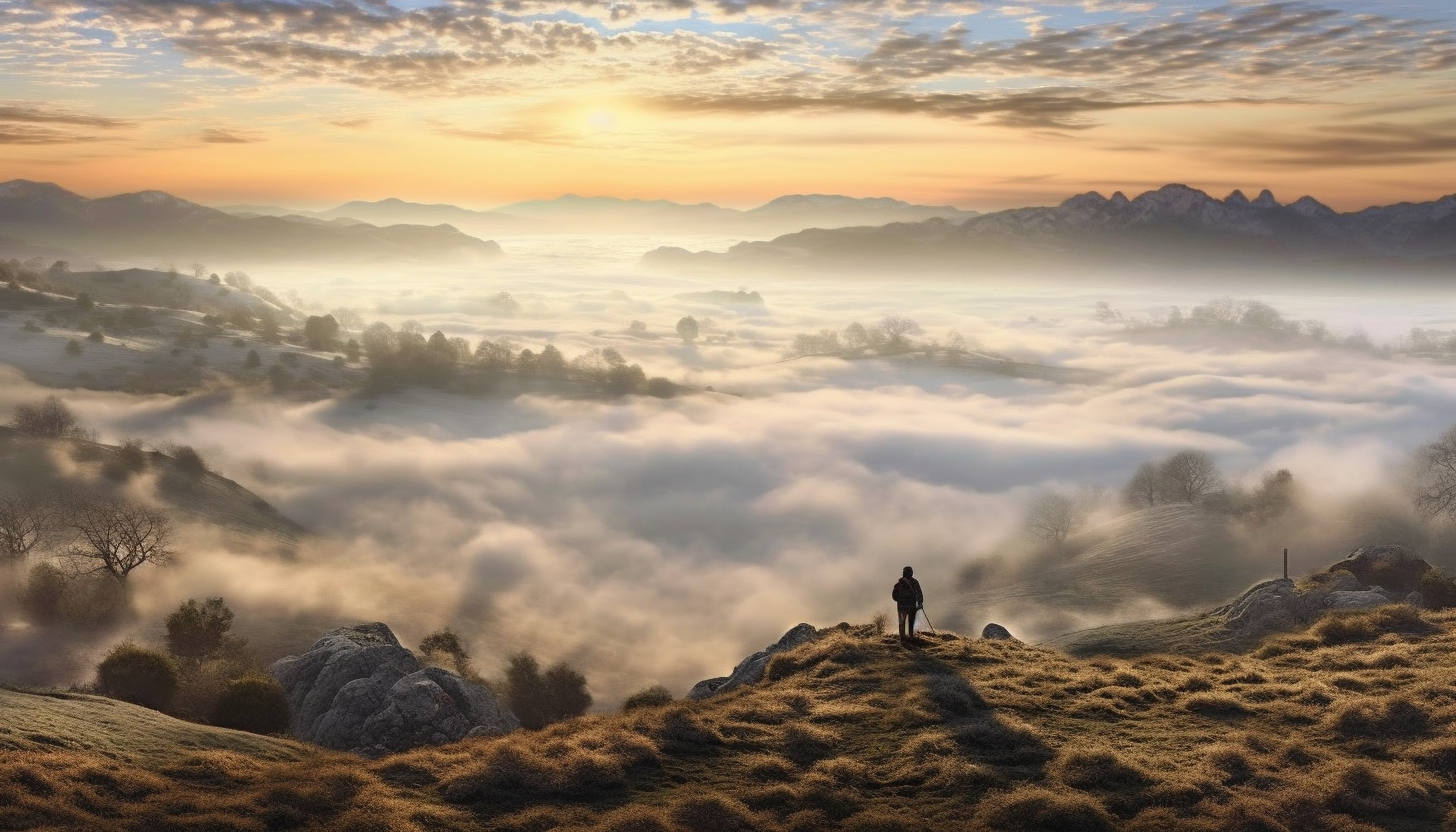 A view from atop a hill overlooking a sea of fog.