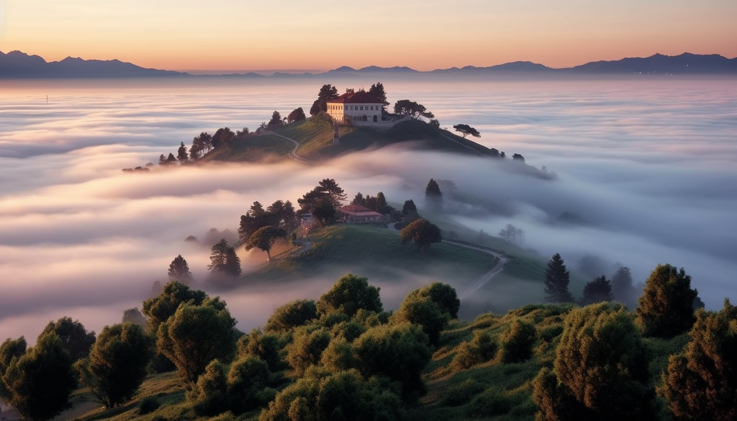 A view from atop a hill overlooking a sea of fog.