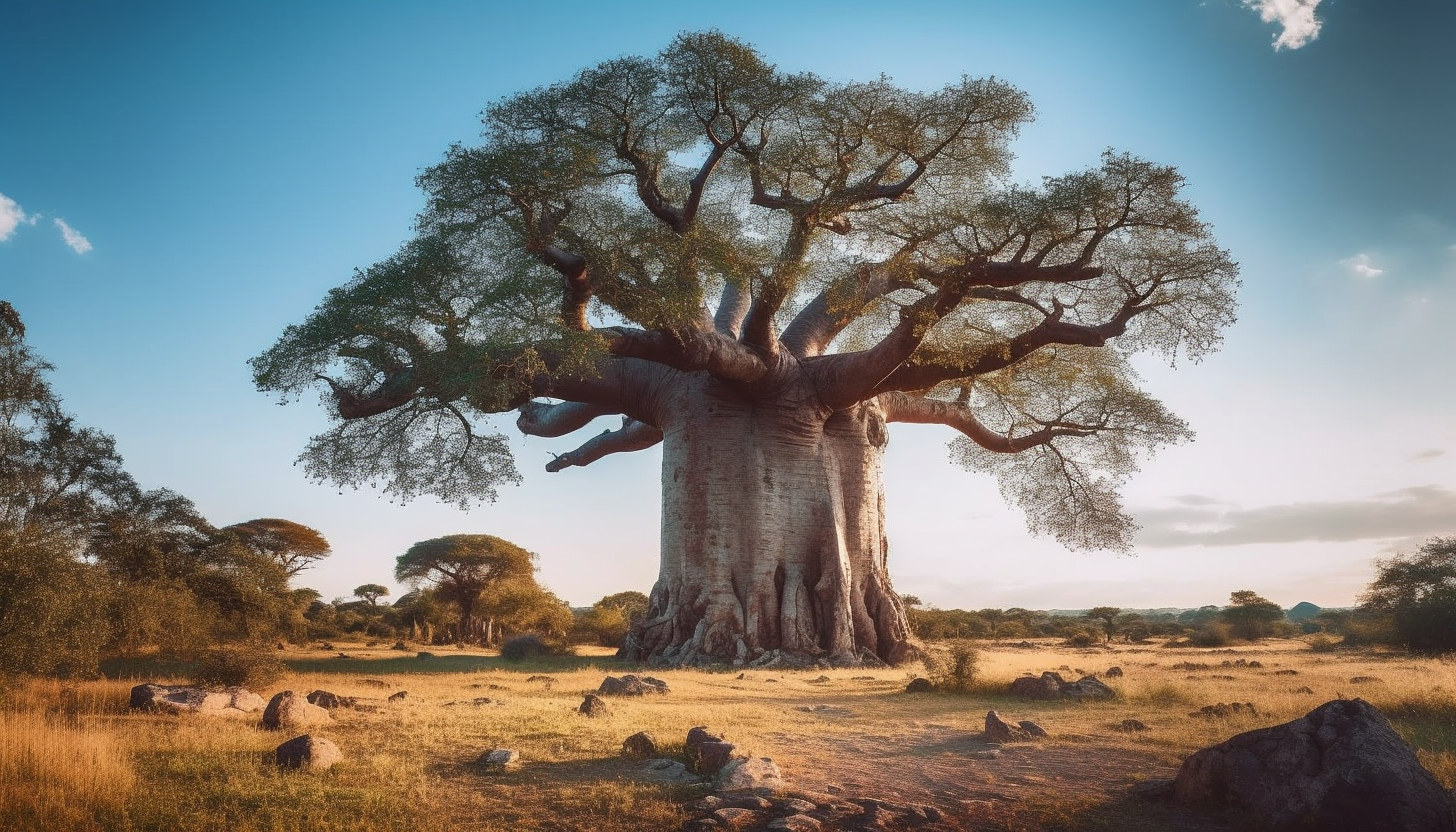 An ancient baobab tree standing alone in the savannah.