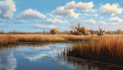 A quiet marsh filled with reeds, with a mirror-like surface reflecting the sky.