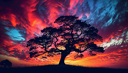 A silhouetted tree against a colorful sunset sky.