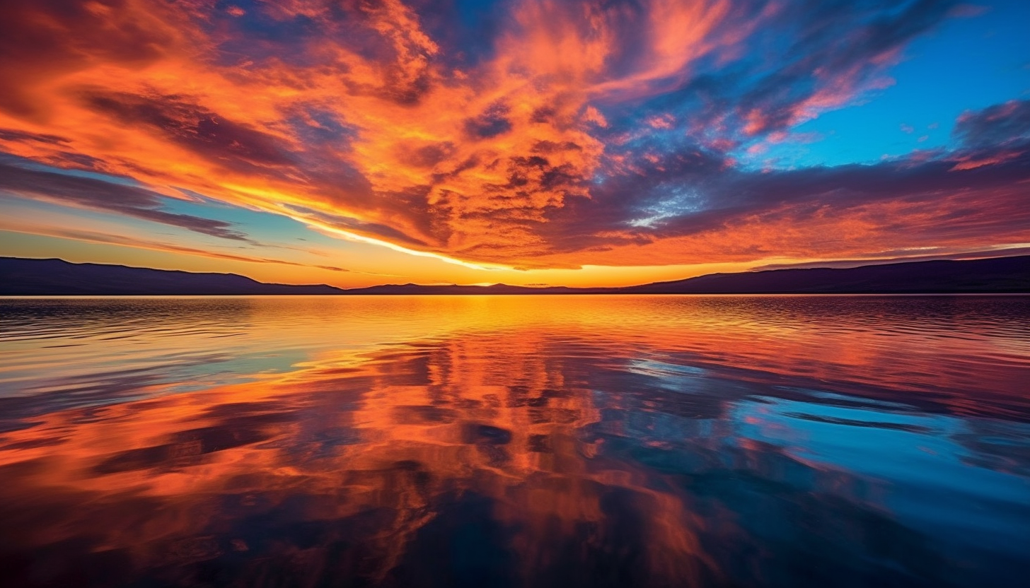 A fiery sunset mirrored on a calm sea.