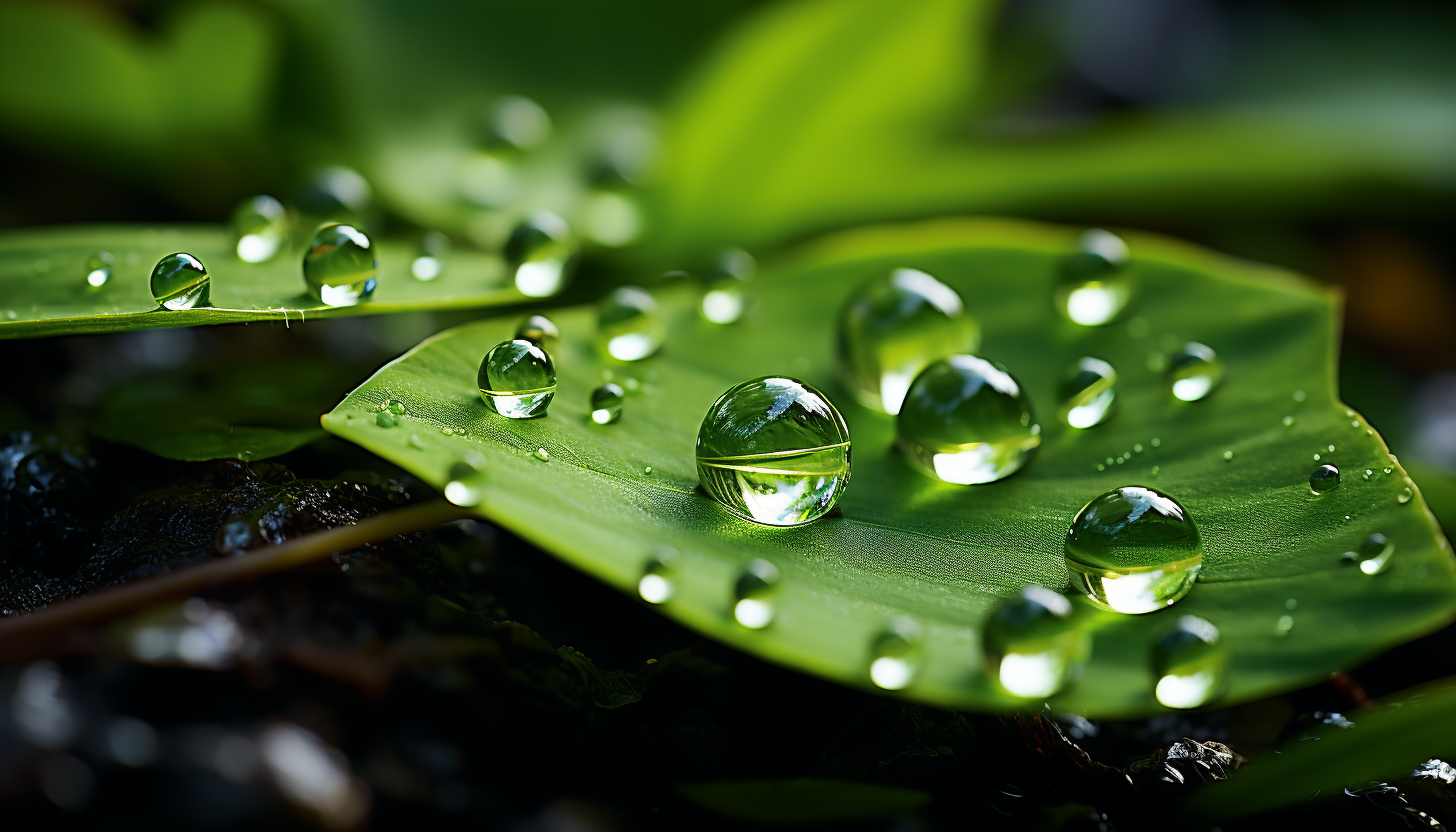 Extreme close-up of a dew drop on a leaf, reflecting the world upside down.