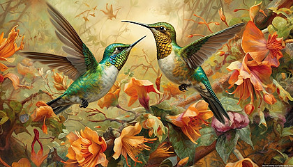 Hummingbirds darting around a colorful garden.