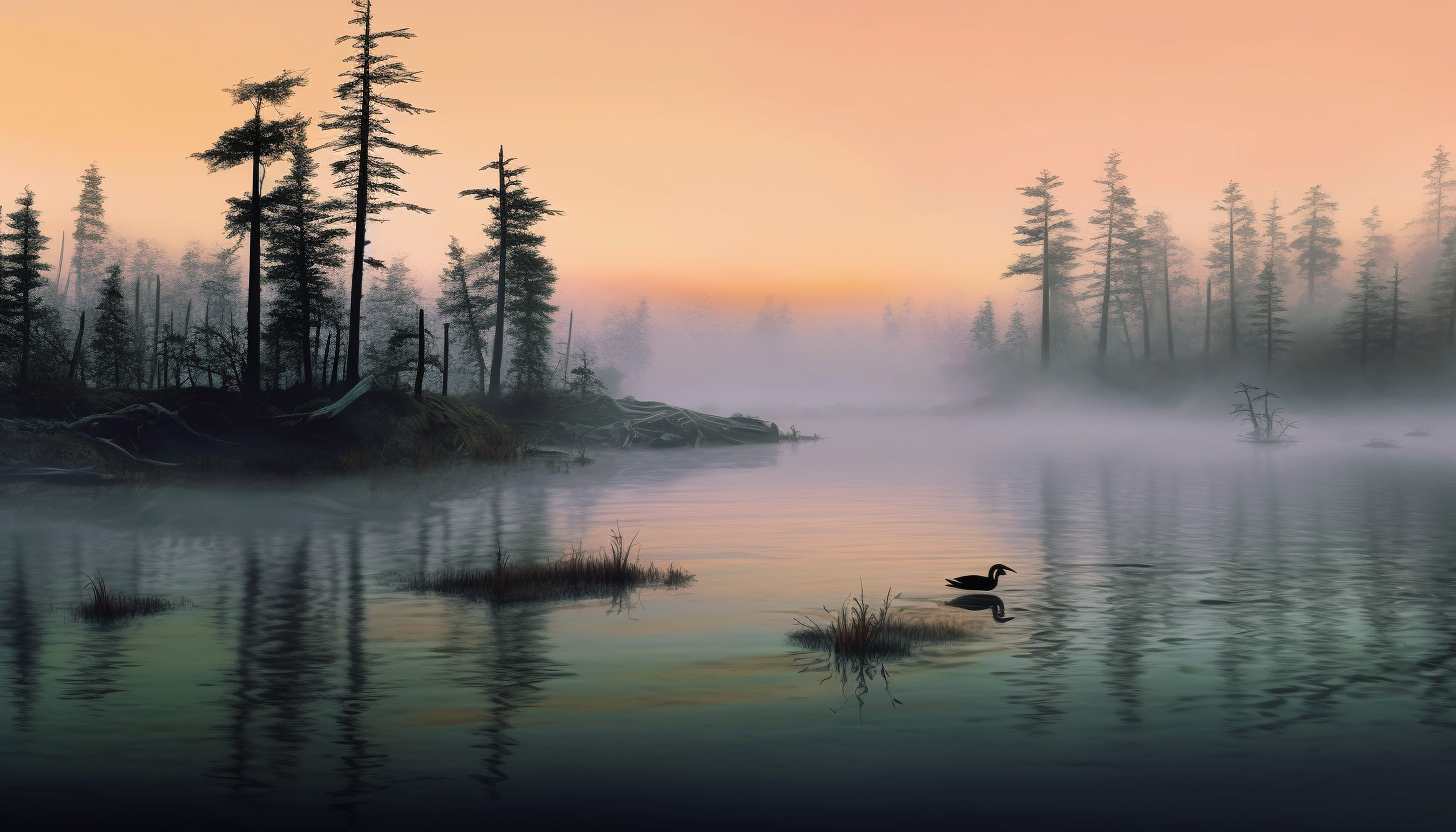 Mist rising from a tranquil lake at dawn.