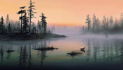 Mist rising from a tranquil lake at dawn.