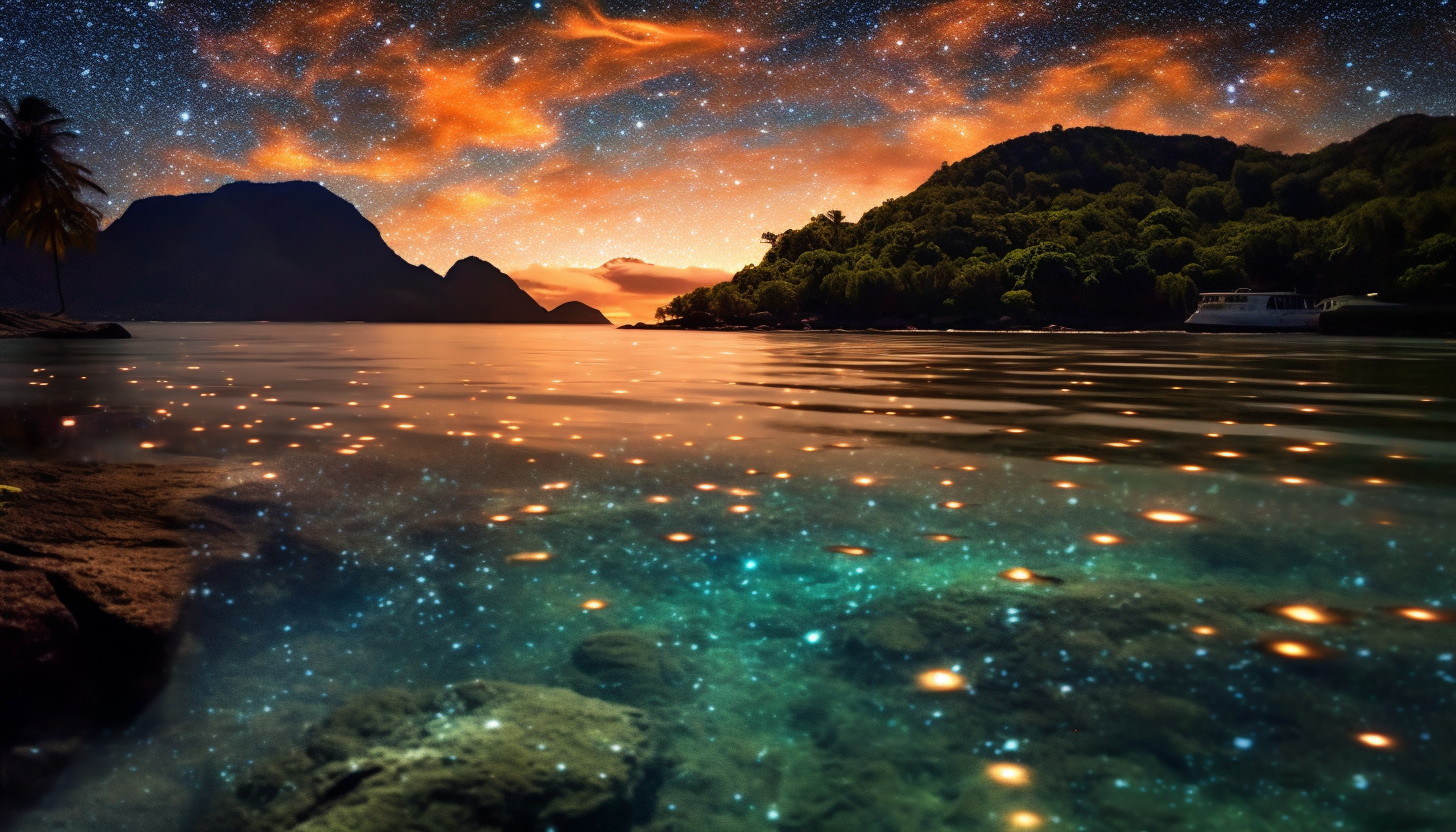 Stunning bioluminescent bay under a star-filled night sky.