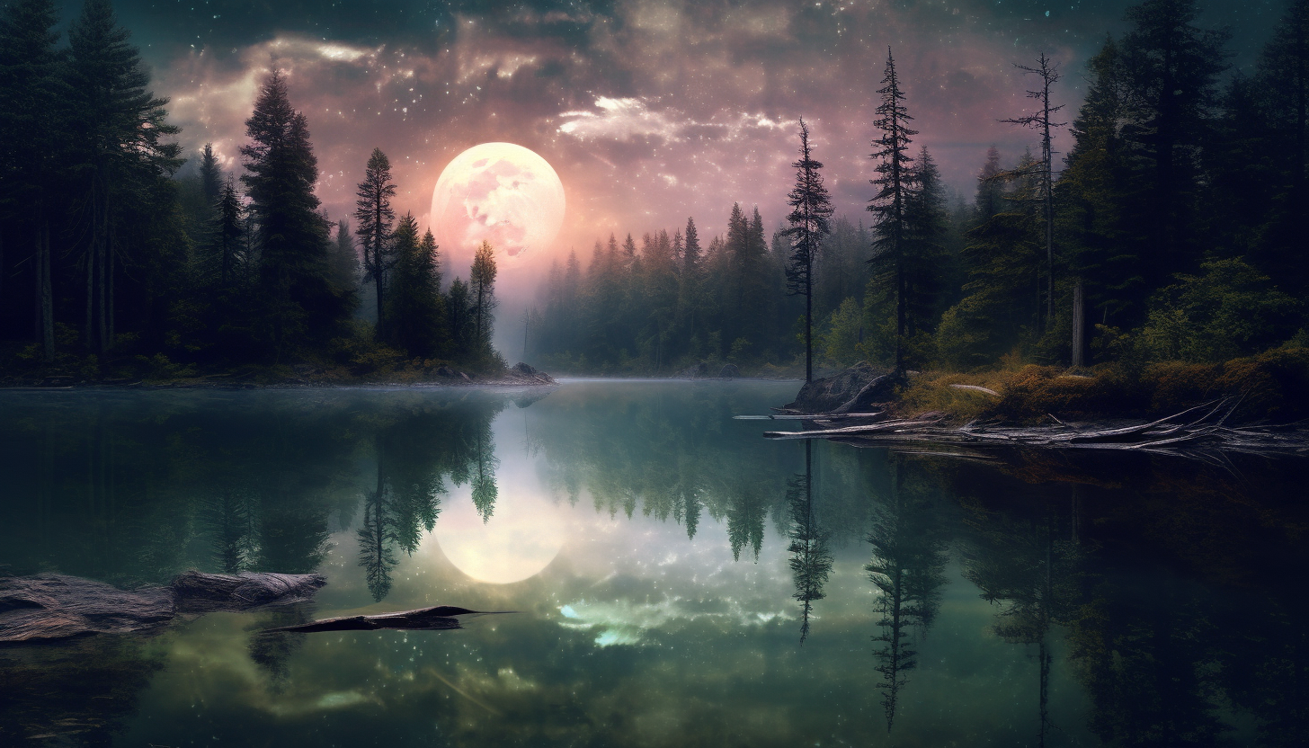 A full moon casting its glow over a serene lake.