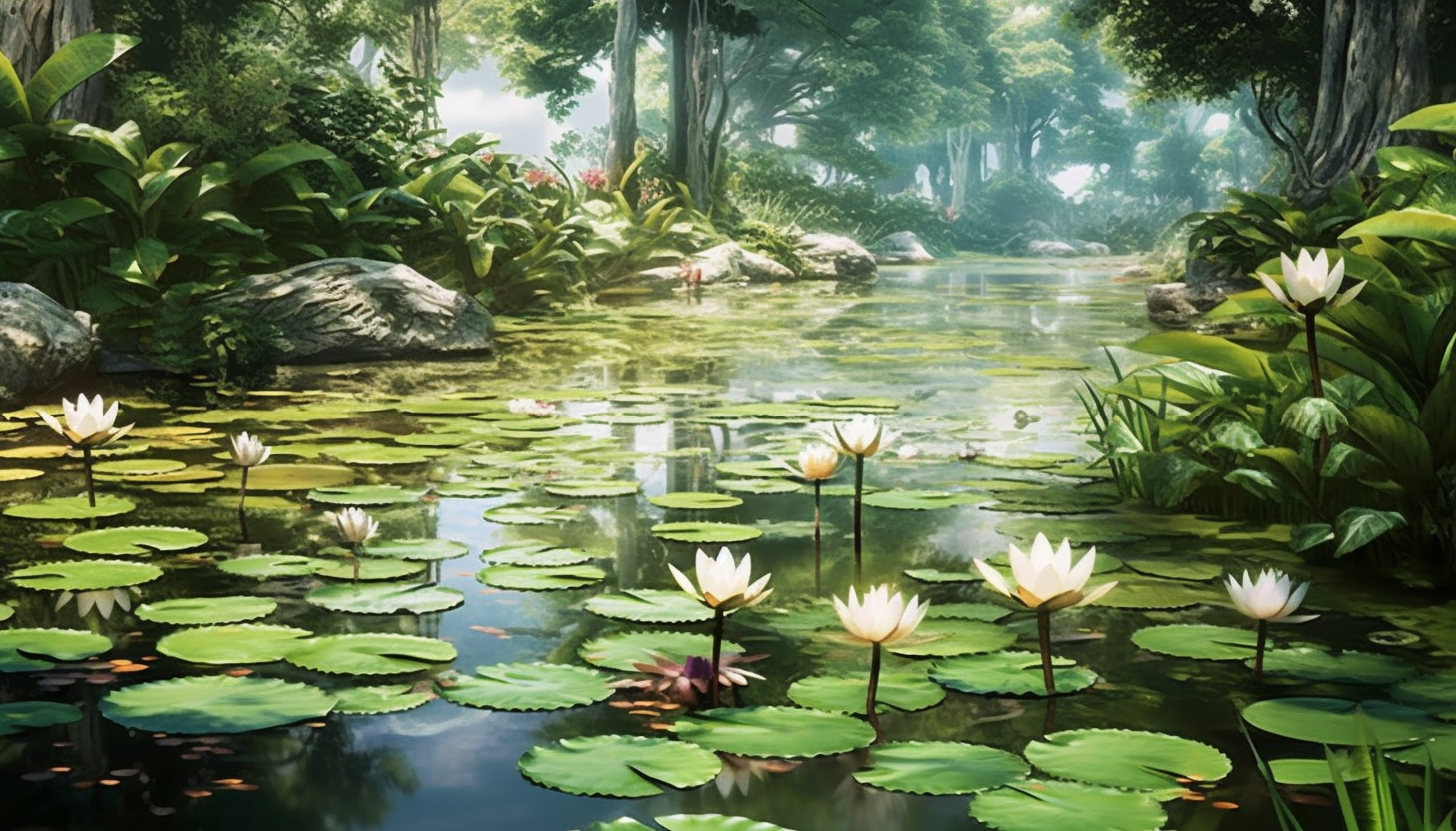 A tranquil pond covered with blooming water lilies.