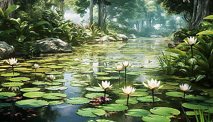 A tranquil pond covered with blooming water lilies.