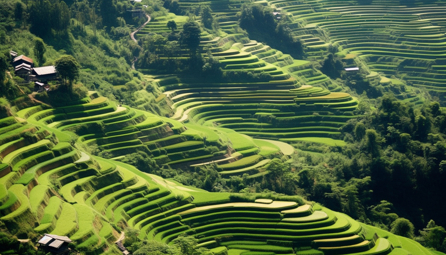 A series of terraced, rice paddies climbing a mountain slope.