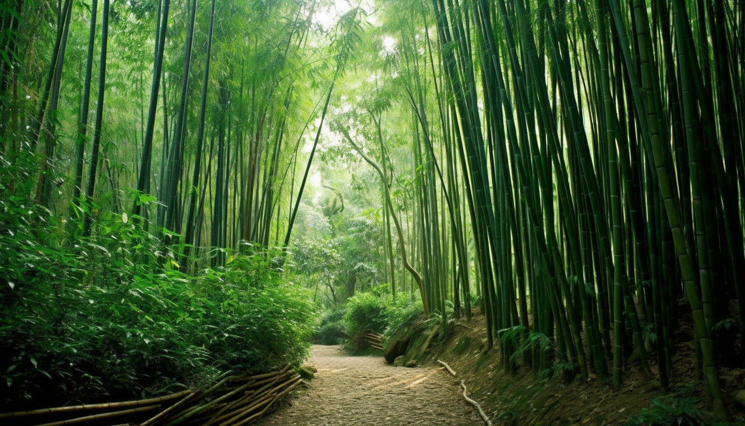 A narrow path winding through dense bamboo groves.