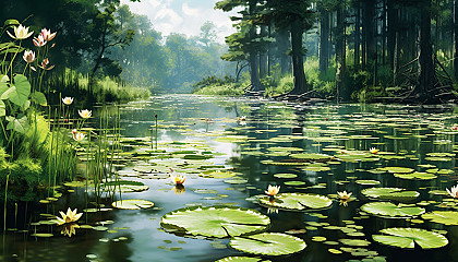 A serene pond filled with blooming water lilies.