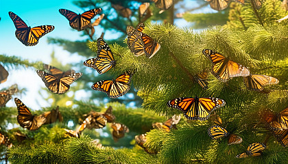 Monarch butterflies gathering on a tree during their migration.