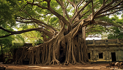 The majestic sprawl of an ancient Banyan tree.