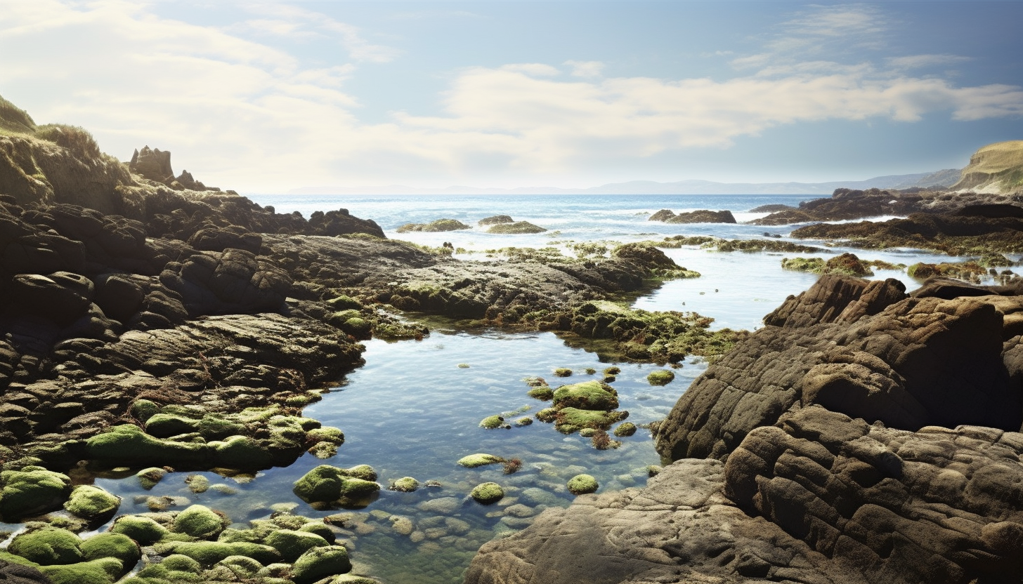 Rocky shores adorned with tide pools and sea life.