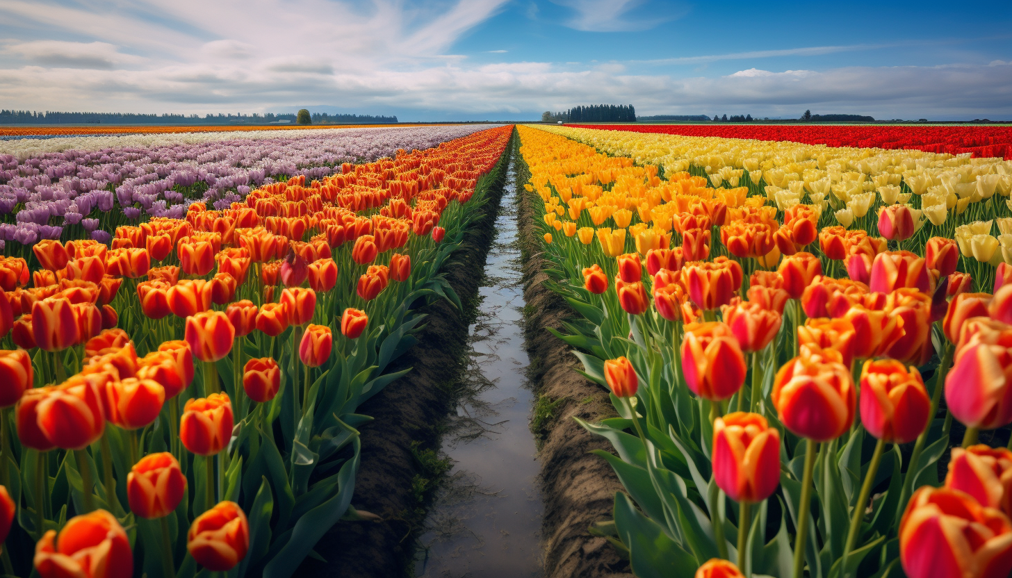 A field of tulips in full bloom during spring.