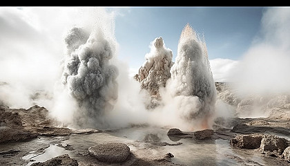 Geysers erupting with steam and hot water in a geothermal area.