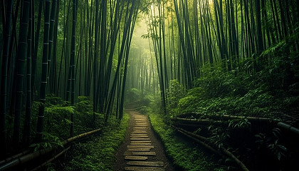 A mystical path winding through a bamboo forest.