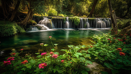 Serene waterfalls surrounded by lush greenery and colorful flowers.
