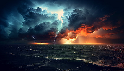 A striking thunderstorm over an open ocean.