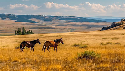 Wild horses roaming freely across open grasslands.