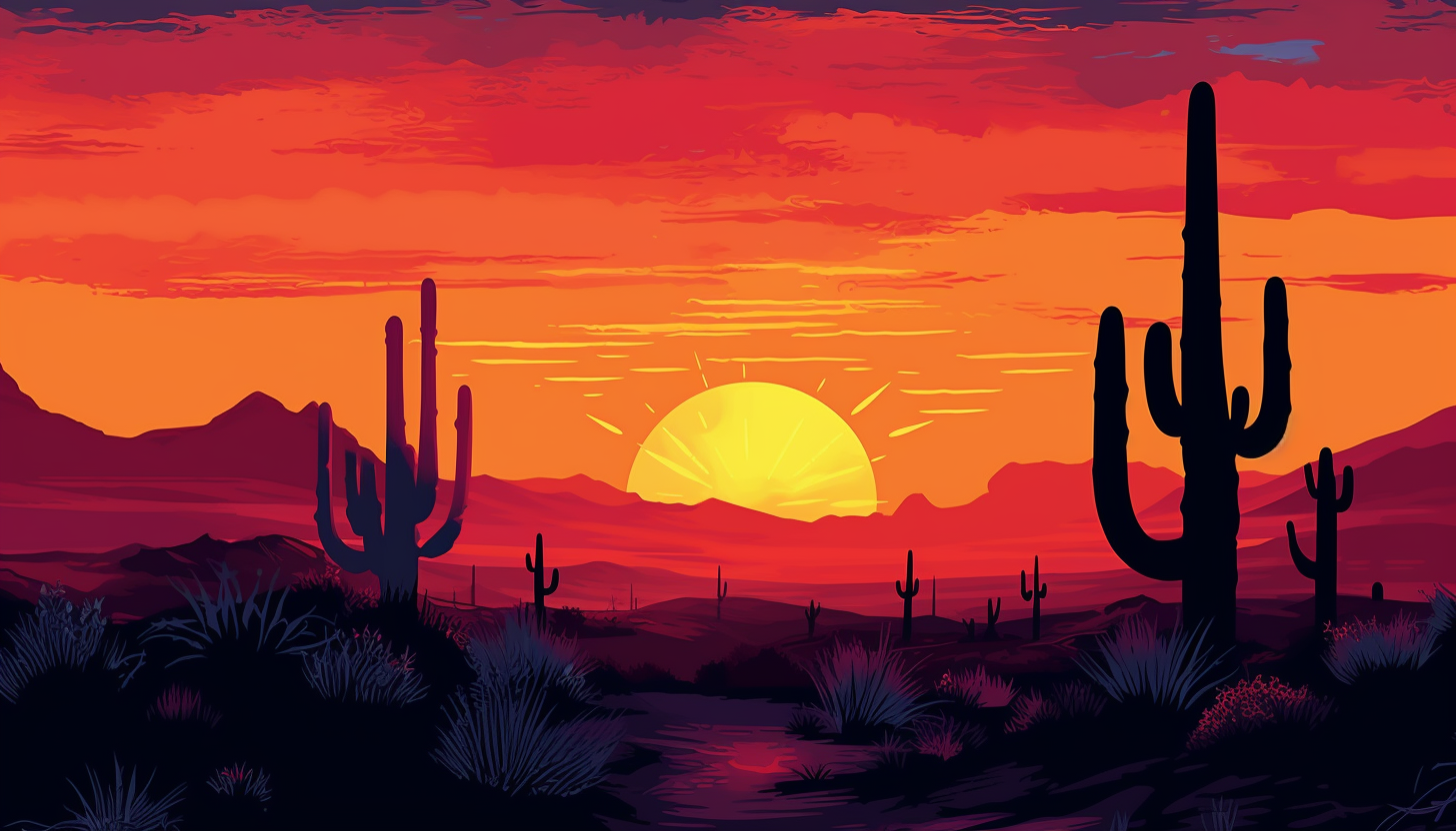 Silhouettes of cacti against a colorful desert sunset.