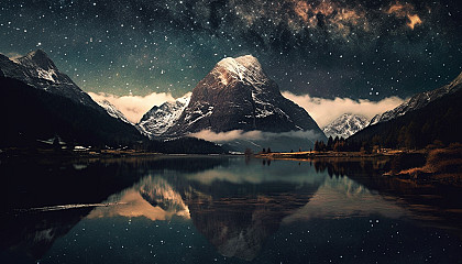 A constellation mirrored in a still mountain lake.