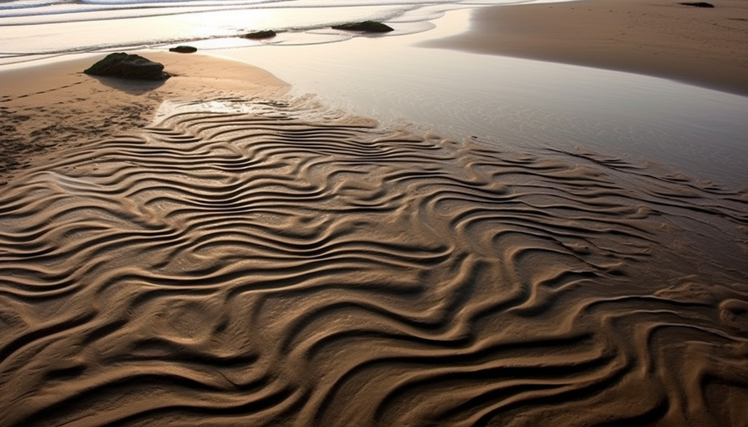 Patterns in the sand left by the receding tide.