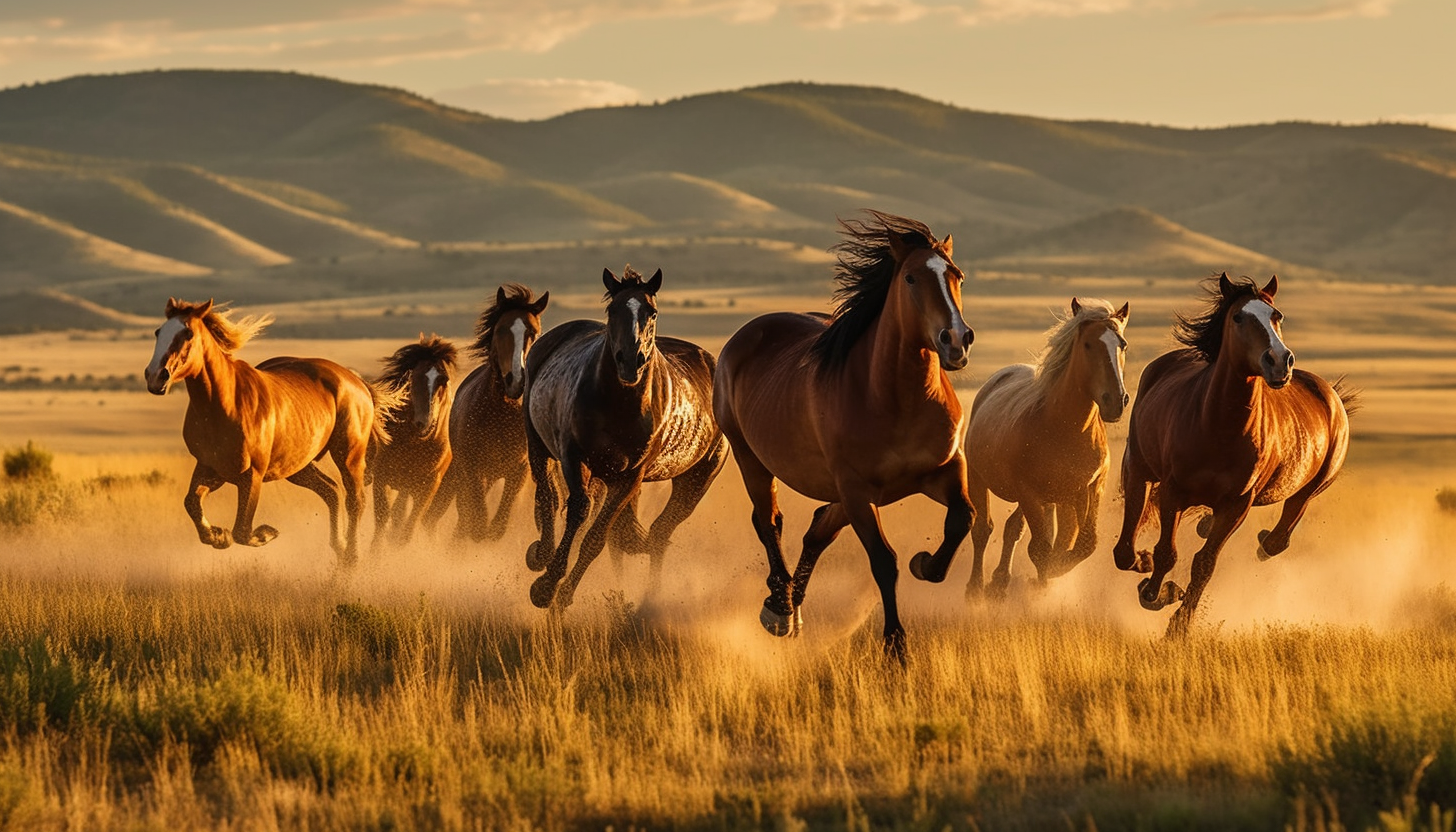 Wild horses galloping freely across vast grasslands.