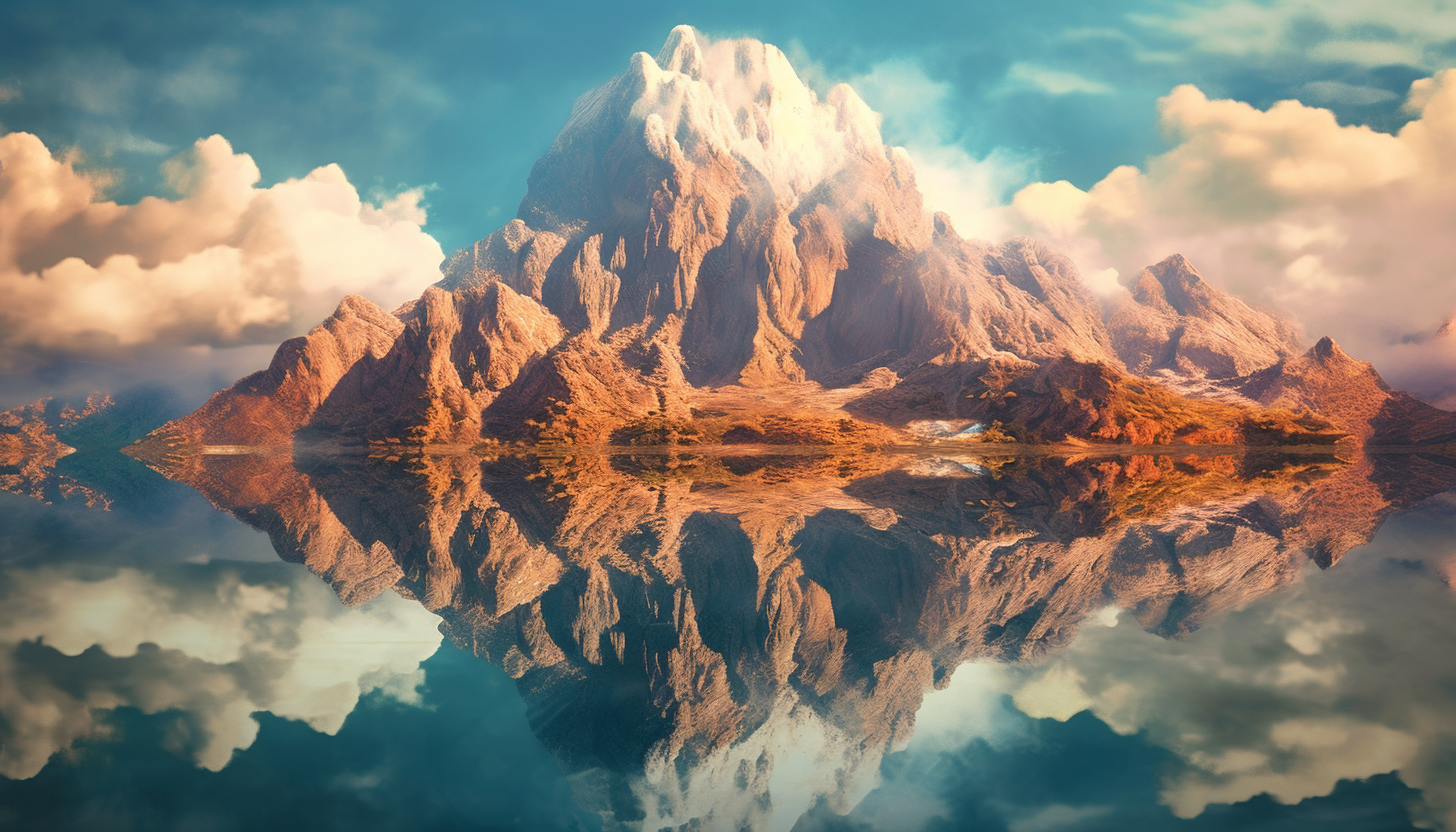 Reflection of a mountain range on the mirror-like surface of a lake.