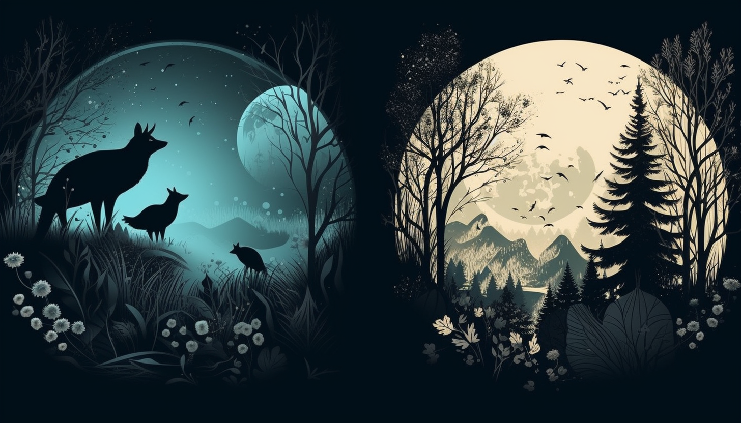 Moonlit nights with silhouettes of plants, animals, or natural structures.