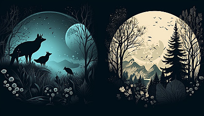 Moonlit nights with silhouettes of plants, animals, or natural structures.