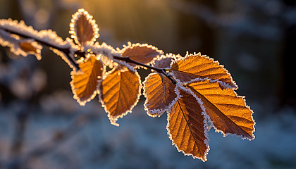 Frosted leaves sparkling under the winter sun.