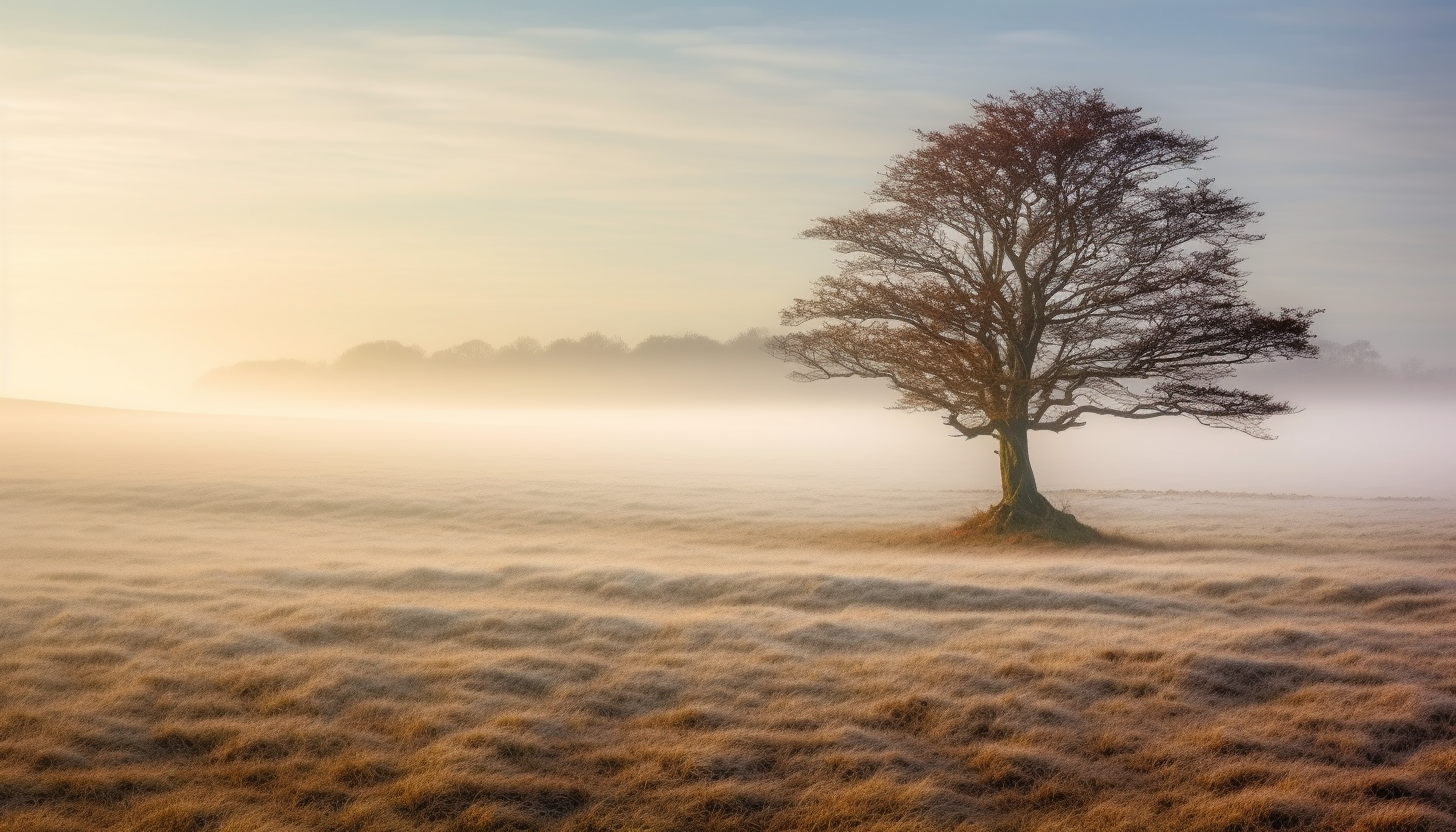 A lone tree standing in a misty, open field.