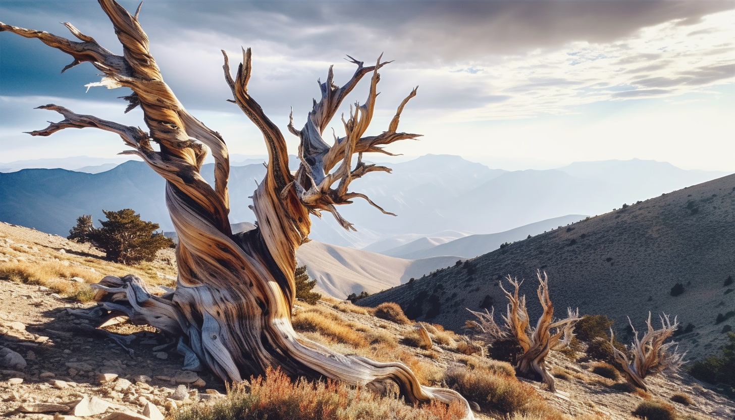 Twisted, ancient bristlecone pines in a high altitude landscape.