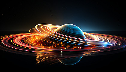 The rings of Saturn, colorfully lit by the sun's rays.