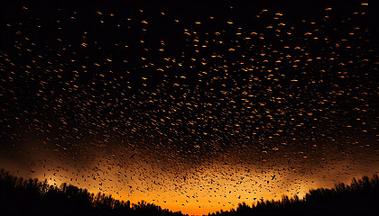 A murmuration of starlings creating patterns in the evening sky.