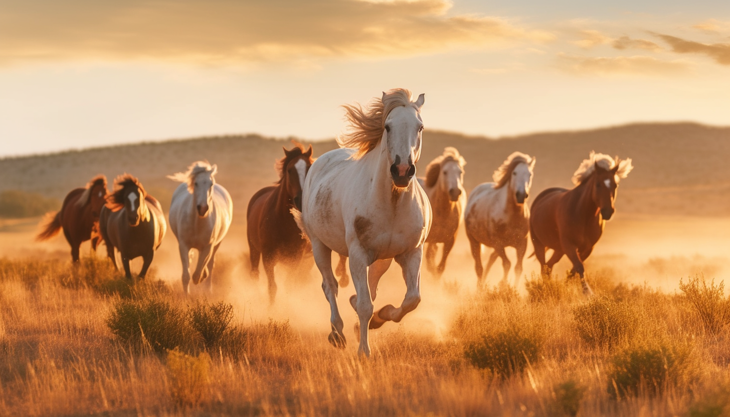 Wild horses galloping across an open prairie.