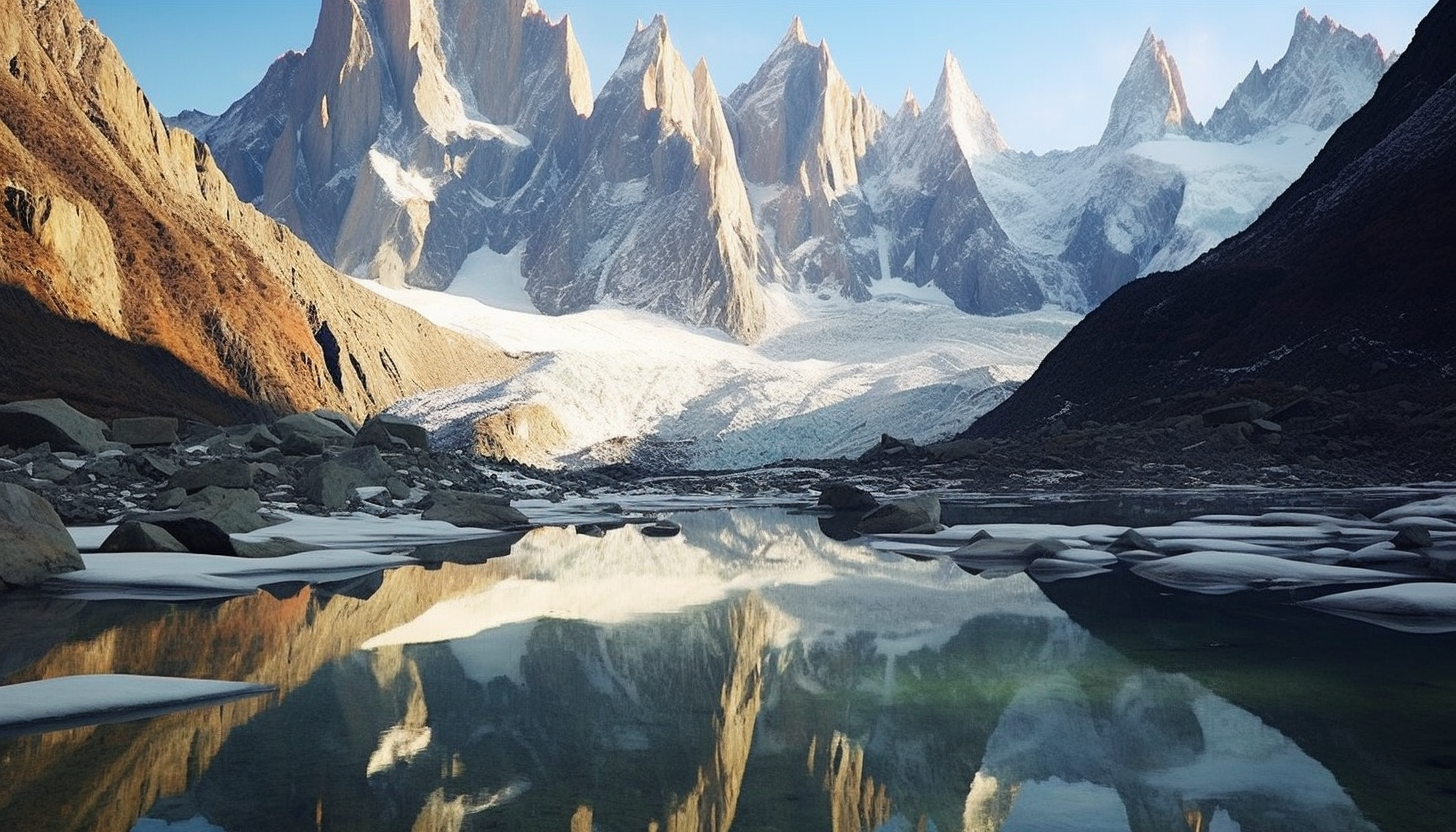 A glacial lake reflecting the stunning beauty of the surrounding peaks.