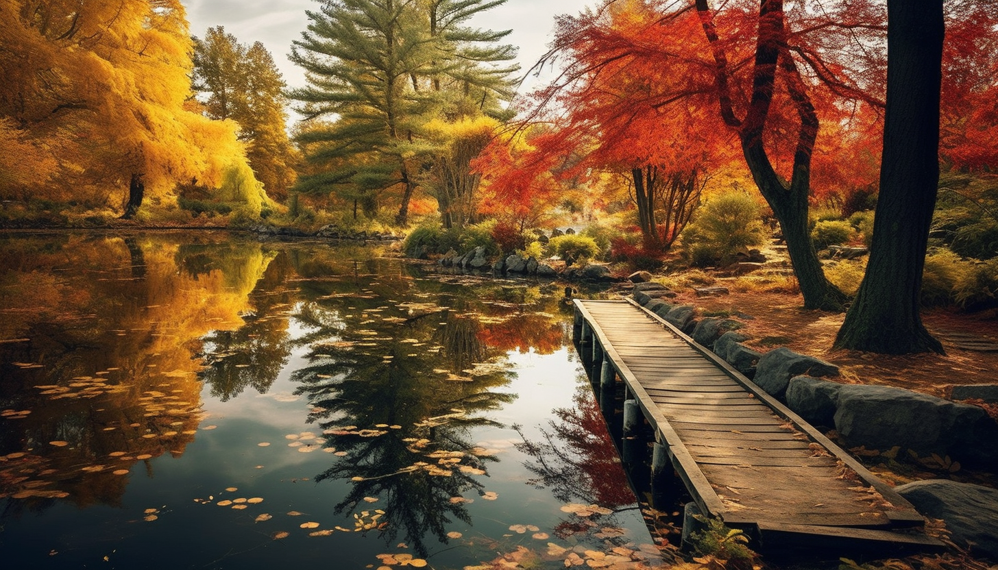 A serene pond, reflecting the vibrant autumn foliage.