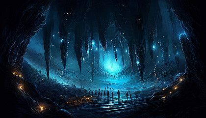 A constellation of glowworms illuminating a dark cave.