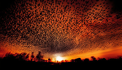 A murmuration of starlings forming patterns in the sky.