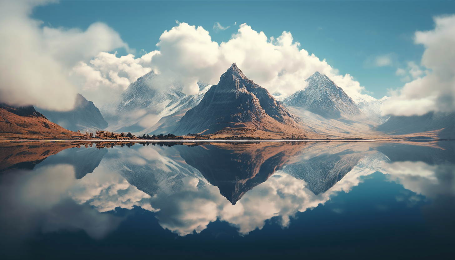 Tranquil reflections of mountains and clouds on a mirror-like lake.