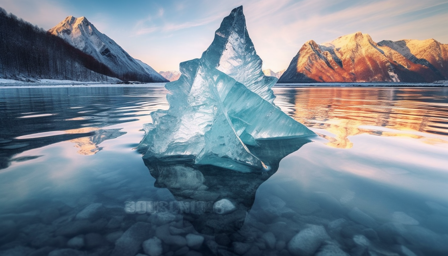 A jagged ice formation on a crystal clear lake.