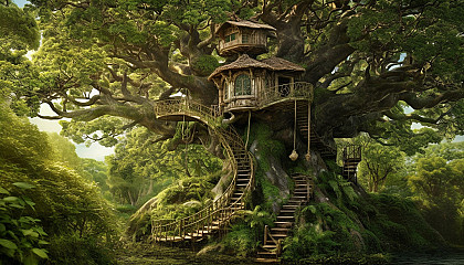 A sturdy treehouse nestled high in the branches of an ancient tree.